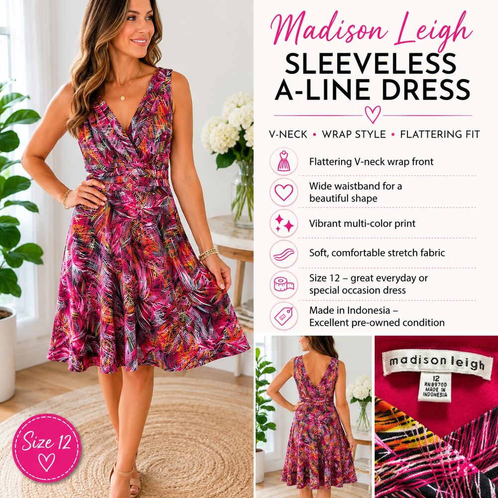 Madison Leigh Women’s Size 12 Pink Abstract Print Sleeveless V-Neck ALine Dress